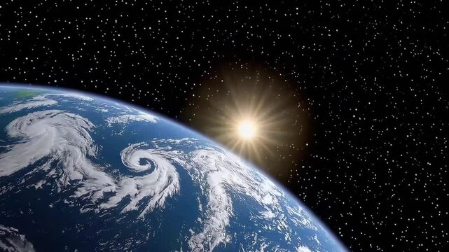 The sun rises behind the Earth in space, symbolizing new beginnings and cosmic wonder.
