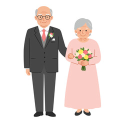 Elderly couple at wedding - седая пара в элегантных свадебных нарядах нежно держится за руки, их мудрые глаза сияют счастьем и любовью, прошедшей испытание временем.