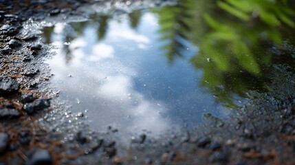 Obraz premium A serene puddle reflecting the clear blue sky and fluffy white clouds surrounded by lush green foliage on a wet asphalt surface