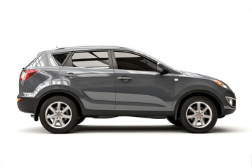 A side view of a gray compact SUV.  The car is on a white background