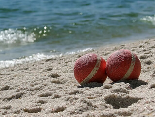 Beach scene with two colorful balls resting on sandy shore near gentle ocean waves in bright sunlight