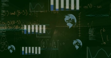 Chalkboard-style display showing algebraic formulas, graphs, code snippets and chart lines moving - Powered by Adobe
