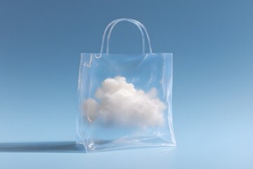 A transparent plastic bag holding a fluffy white cloud against a serene blue sky background creating an artistic and surreal visual experience