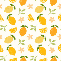 Tropical seamless lemon fruit pattern. Vector summer print for fabric or wallpaper.