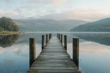 Serene wooden pier extending into a calm lake at dawn, surrounded by misty mountains and trees