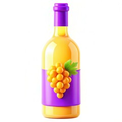 A stylized yellow wine bottle with a purple label, adorned with yellow grapes and a green leaf.