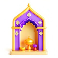 A colorful decorative temple niche with ornate designs and vibrant purple and gold colors.