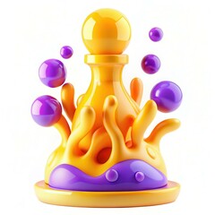 A vibrant, abstract depiction of a yellow and purple liquid with bubbles and a pawn-like figure in the center.