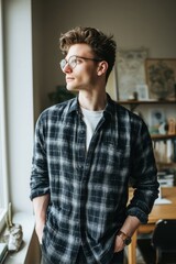 Obraz premium A stylish young man with glasses gazes out the window, looking pensive and thoughtful.