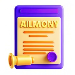 A colorful 3D representation of a legal document titled 'AILMONY' with an orange and purple theme, featuring a gavel and lines indicating text.