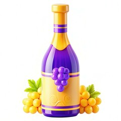 A whimsical bottle design with grapes and leaves, featuring a colorful purple and yellow scheme.