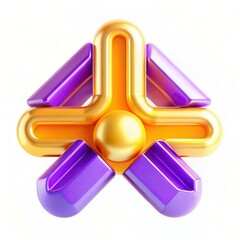A 3D geometric design featuring vibrant purple and gold shapes with a glossy finish and circular elements.