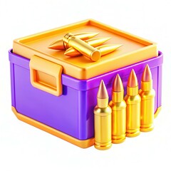 A colorful ammunition box with bullets displayed beside it, showcasing a modern design and vibrant textures.