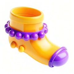 A playful yellow and purple plastic shoe design with a round shape and smooth texture.