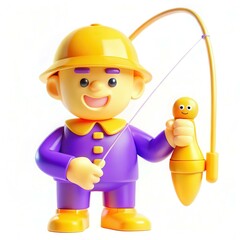 A cheerful cartoon character in a yellow hat and purple outfit holding a fishing rod with a bright orange bobber.