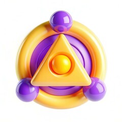 A vibrant 3D design featuring geometric shapes, including a triangle and spheres in bright colors like purple, yellow, and orange.