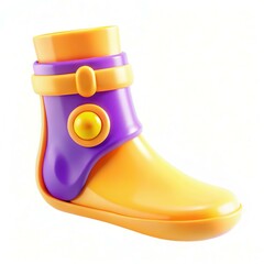 A colorful stylized boot with bright purple and yellow colors, featuring a button and strap design.