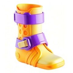 A colorful children's boot with purple and yellow design, featuring adjustable straps for comfort.