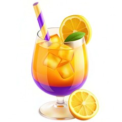 A vibrant cocktail with ice, lemon slices, and a striped straw in a glass, featuring bright orange and purple colors.