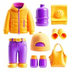 A collection of colorful clothing and accessories, including a jacket, pants, hat, and bags in bright yellow and purple hues.