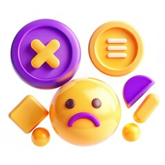 A collection of colorful 3D shapes including an unhappy emoji, buttons, and geometric figures in vibrant yellow and purple.