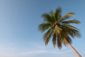 A solitary coconut palm tree stands tall against a clear blue sky with its lush green fronds swaying gently in the breeze
