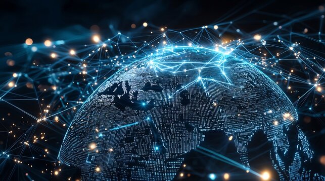Stock photo concept: Global networking concept, a high tech earth hologram with digital data points connected by glowing lines, symbolizing ai powered communication