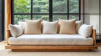 Light, minimalist sofa with natural wood base. Beige linen cushions against large windows