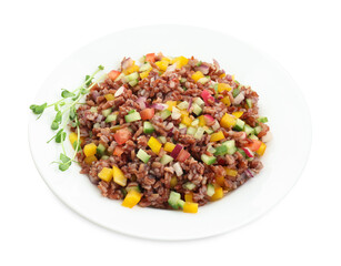 tasty salad with brown rice isolated on white