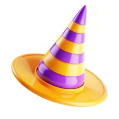 A colorful party hat featuring alternating purple and yellow stripes on a round base.
