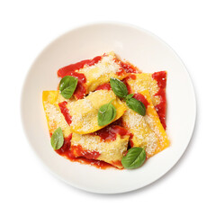 Delicious ravioli with tomato sauce, parmesan cheese and basil isolated on white, top view