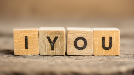 A heartfelt message of love and appreciation spelled out with wooden blocks reading 'I YOU' on a rustic wooden surface