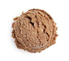 One scoop of delicious ice cream on white background, top view