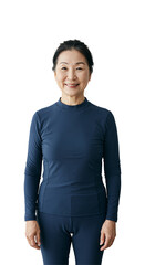 Smiling senior East Asian woman in a dark blue long-sleeved athletic top and leggings, standing confidently against a plain transparent background, radiating health and positivity.
