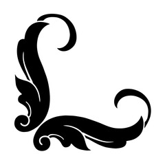 Silhouette of Ornamental Corner Flourish with Swirling Leaf Motifs, Elegant Vintage Frame Element for Invitations, Decorative Borders, Retro Design, Classic Art Templates, Victorian-Inspired Decoratio