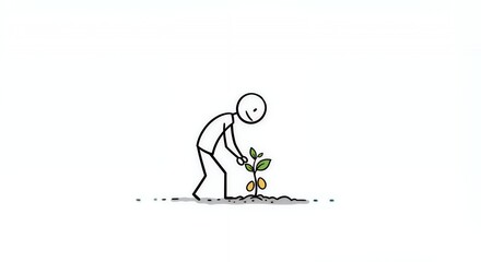 Stick Figure Planting Seedling Symbolizing Growth on White Background Representing Nurtured Business Idea