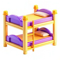 A colorful bunk bed with purple and yellow design, featuring two mattresses and pillows.
