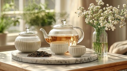 Tea set on marble tray, sunny window