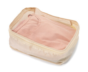 One packing cube with folded clothes isolated on white