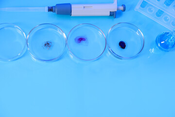 Petri dishes with samples, test tubes, micropipette and flask on light blue background, flat lay....