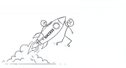 Obraz premium Stick Figures Launching Rocket of Success on White Backdrop Symbolizing Business Ambition and Motivation