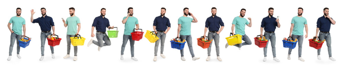 Man with different shopping baskets isolated on white, collage of portraits