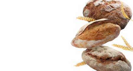 Fresh bread and spikes falling on white background. Banner design with space for text