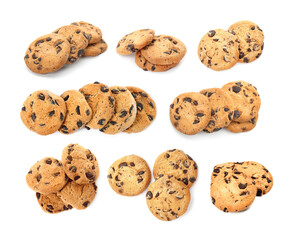 Yummy chocolate chip cookies isolated on white, collage