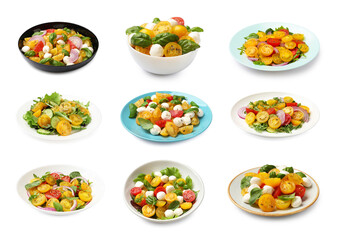 Tasty fresh salads with yellow and red tomatoes on white background, collage