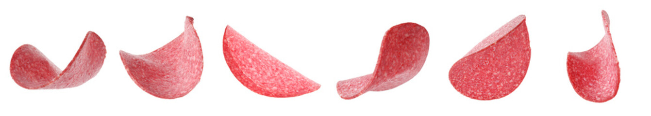 Salami sausage slices on white background, set