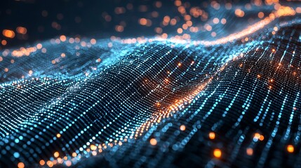 Stock photo concept: High tech 3d ai data grid, cybernetic visualization of blockchain technology with a glowing mesh, futuristic innovation concept