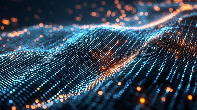 Stock photo concept: High tech 3d ai data grid, cybernetic visualization of blockchain technology with a glowing mesh, futuristic innovation concept