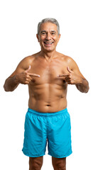 Fototapeta premium Happy senior man with grey hair, shirtless in blue swim trunks, smiling and proudly pointing at his fit chest, isolated on a transparent background.
