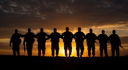 Fototapeta premium Silhouetted figures stand together against a vibrant sunset sky background